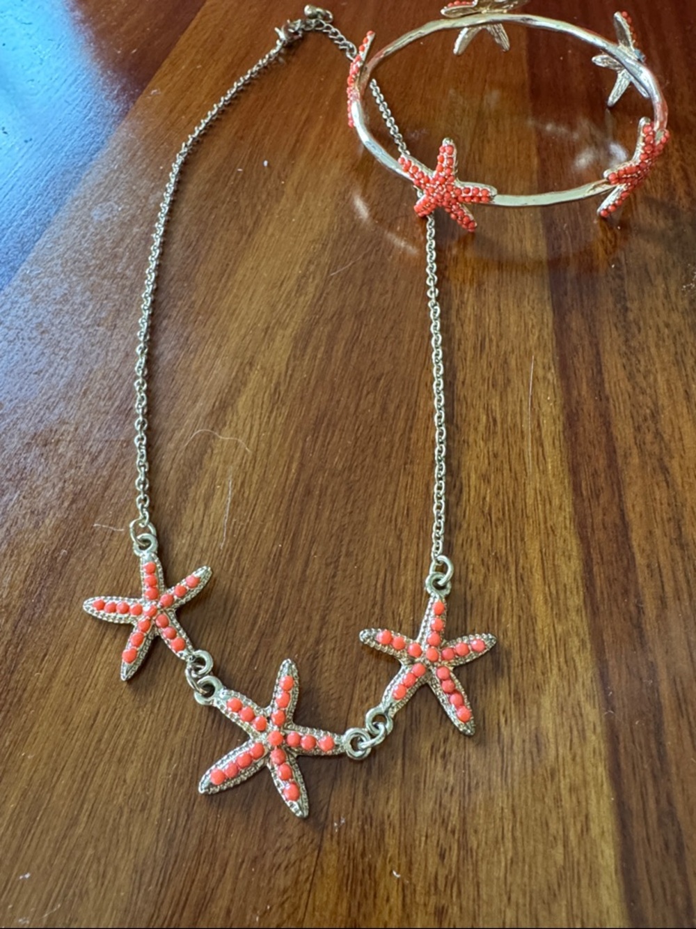 Coral Starfish Pendant Necklace - Gold Tone